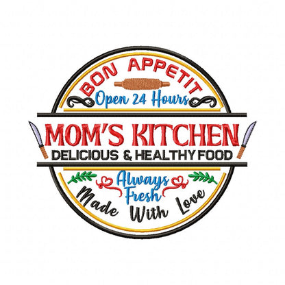 Bon Appetit Mom's Kitchen Round Sign - Fill Stitch - Machine Embroidery Design
