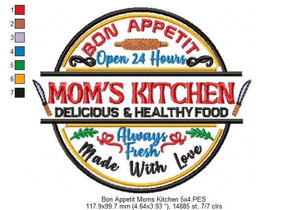 Bon Appetit Mom's Kitchen Round Sign - Fill Stitch - Machine Embroidery Design