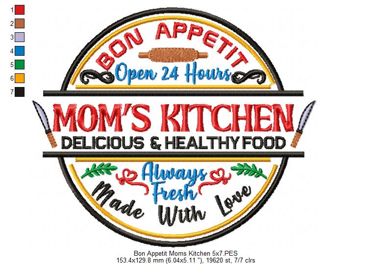 Bon Appetit Mom's Kitchen Round Sign - Fill Stitch - Machine Embroidery Design