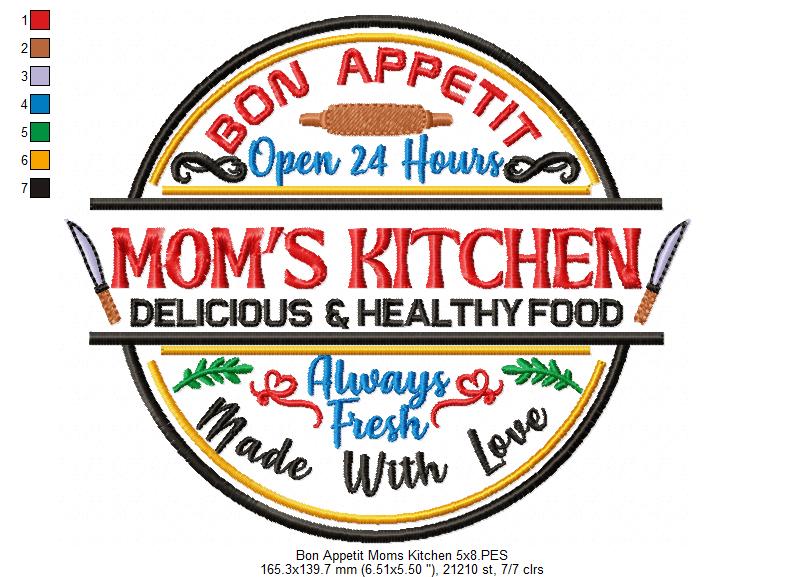 Bon Appetit Mom's Kitchen Round Sign - Fill Stitch - Machine Embroidery Design