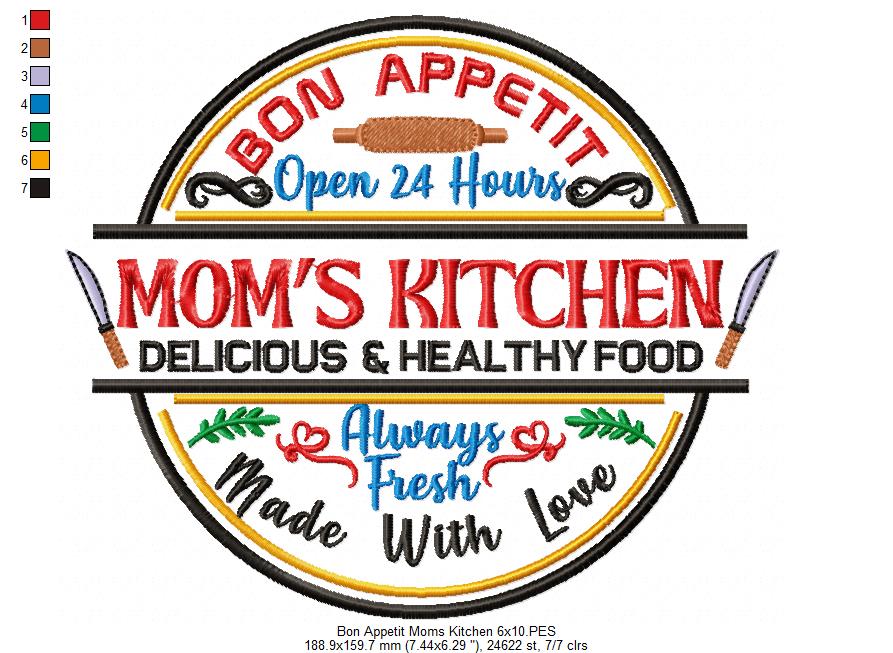 Bon Appetit Mom's Kitchen Round Sign - Fill Stitch - Machine Embroidery Design