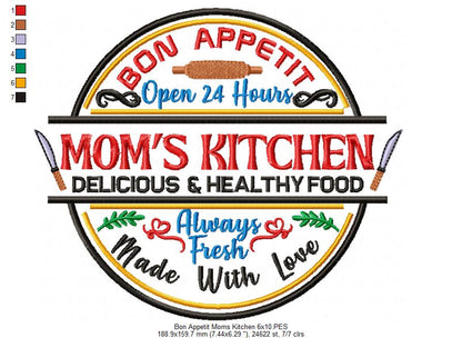 Bon Appetit Mom's Kitchen Round Sign - Fill Stitch - Machine Embroidery Design