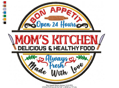 Bon Appetit Mom's Kitchen Round Sign - Fill Stitch - Machine Embroidery Design
