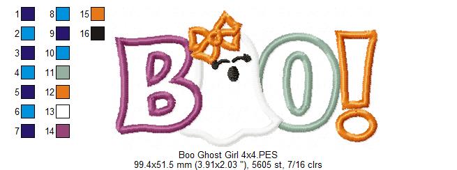 Boo Halloween Ghost Girl - Applique Embroidery