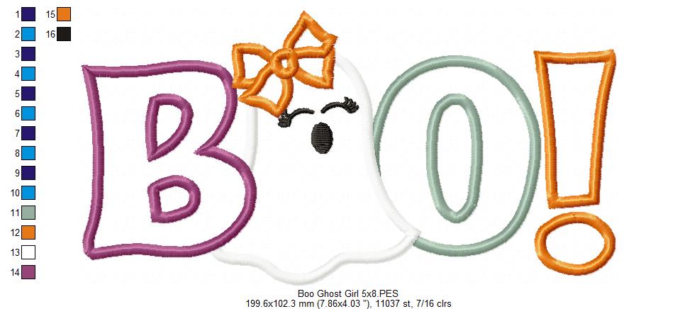 Boo Halloween Ghost Girl - Applique Embroidery