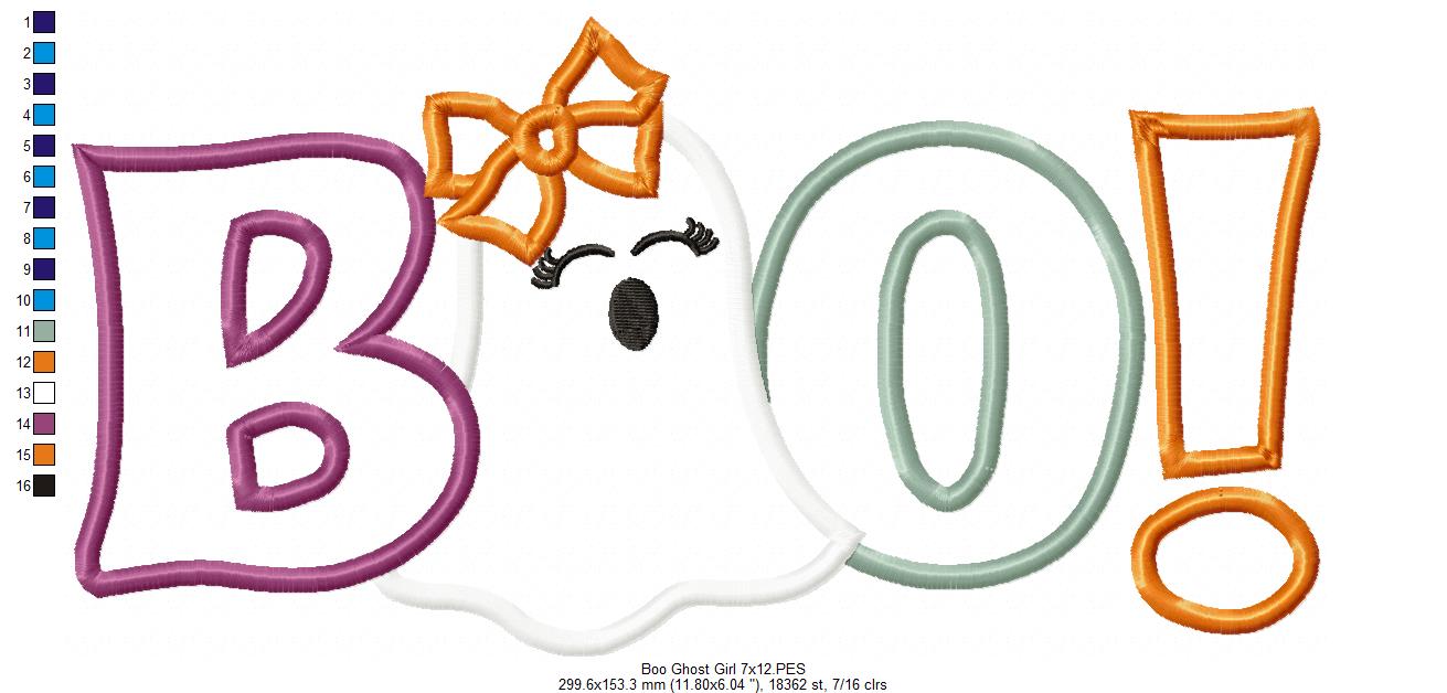 Boo Halloween Ghost Girl - Applique Embroidery