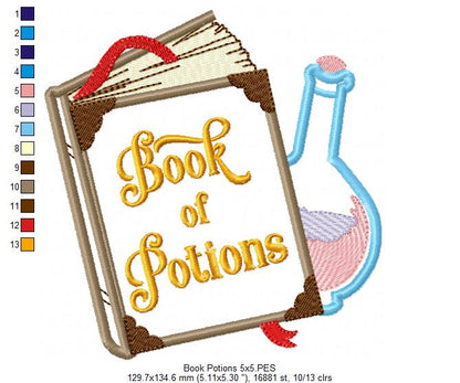 Cute Magic Book of Potions - Applique - Machine Embroidery Design