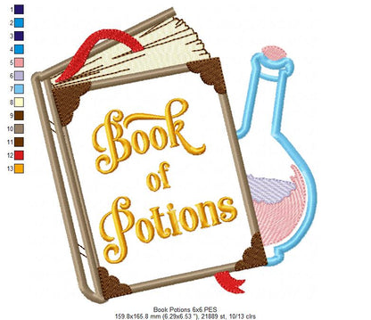Cute Magic Book of Potions - Applique - Machine Embroidery Design