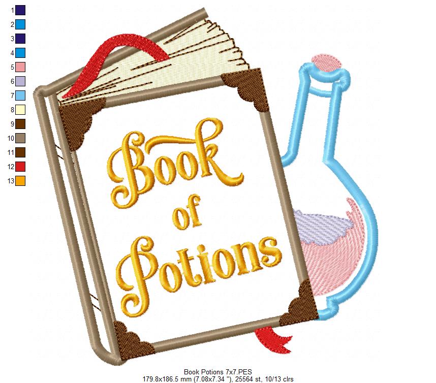 Cute Magic Book of Potions - Applique - Machine Embroidery Design