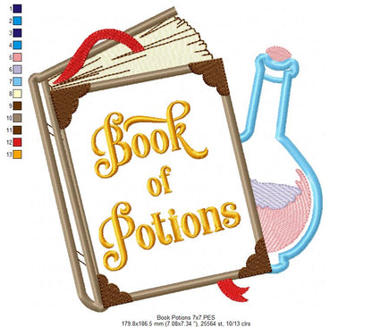 Cute Magic Book of Potions - Applique - Machine Embroidery Design
