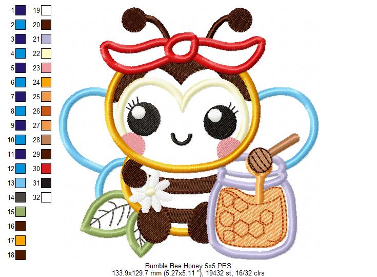 Bumble Bee with Honey - Applique - Machine Embroidery Design