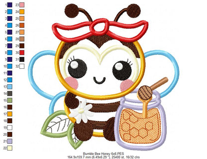 Bumble Bee with Honey - Applique - Machine Embroidery Design