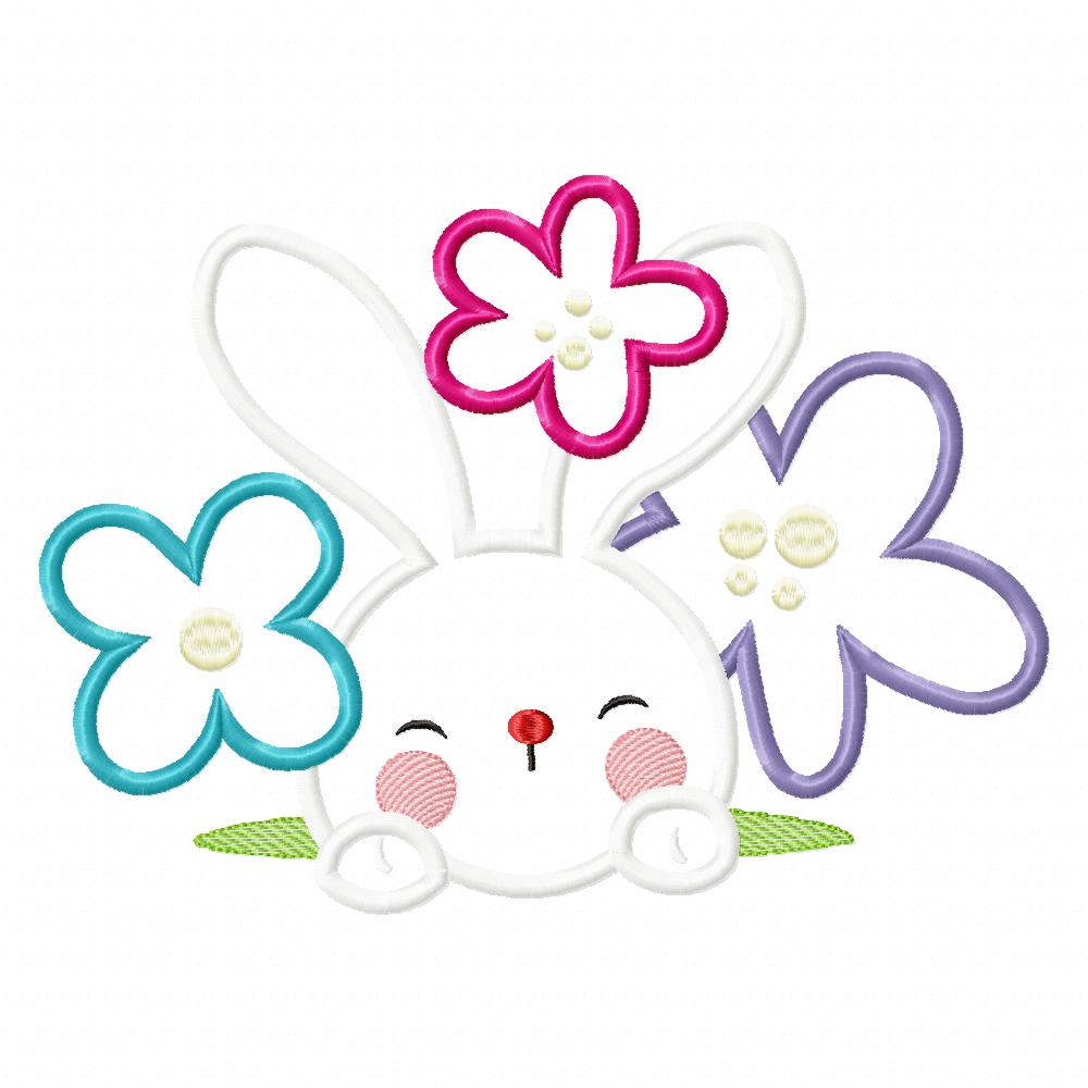 Cute bunny and Flowers - Applique - Machine Embroidery Design