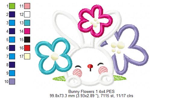 Cute bunny and Flowers - Applique - Machine Embroidery Design