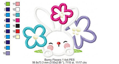Cute bunny and Flowers - Applique - Machine Embroidery Design
