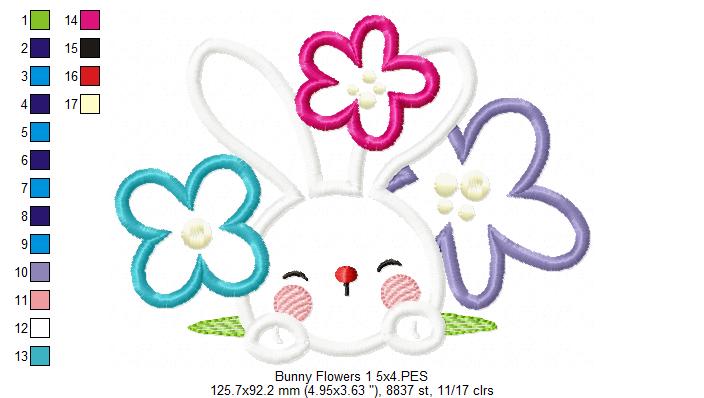 Cute bunny and Flowers - Applique - Machine Embroidery Design