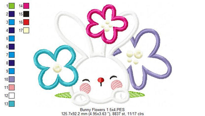 Cute bunny and Flowers - Applique - Machine Embroidery Design