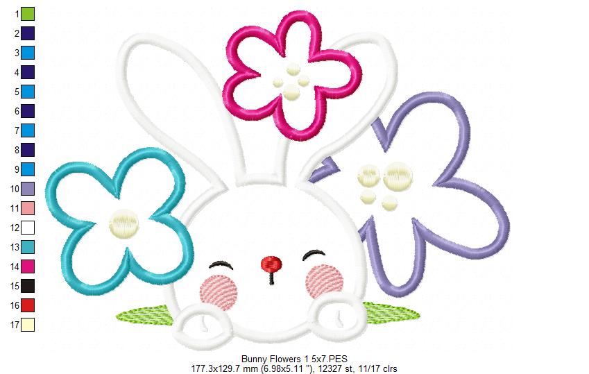Cute bunny and Flowers - Applique - Machine Embroidery Design