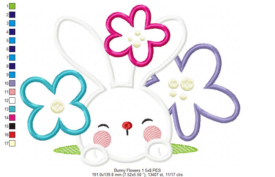 Cute bunny and Flowers - Applique - Machine Embroidery Design