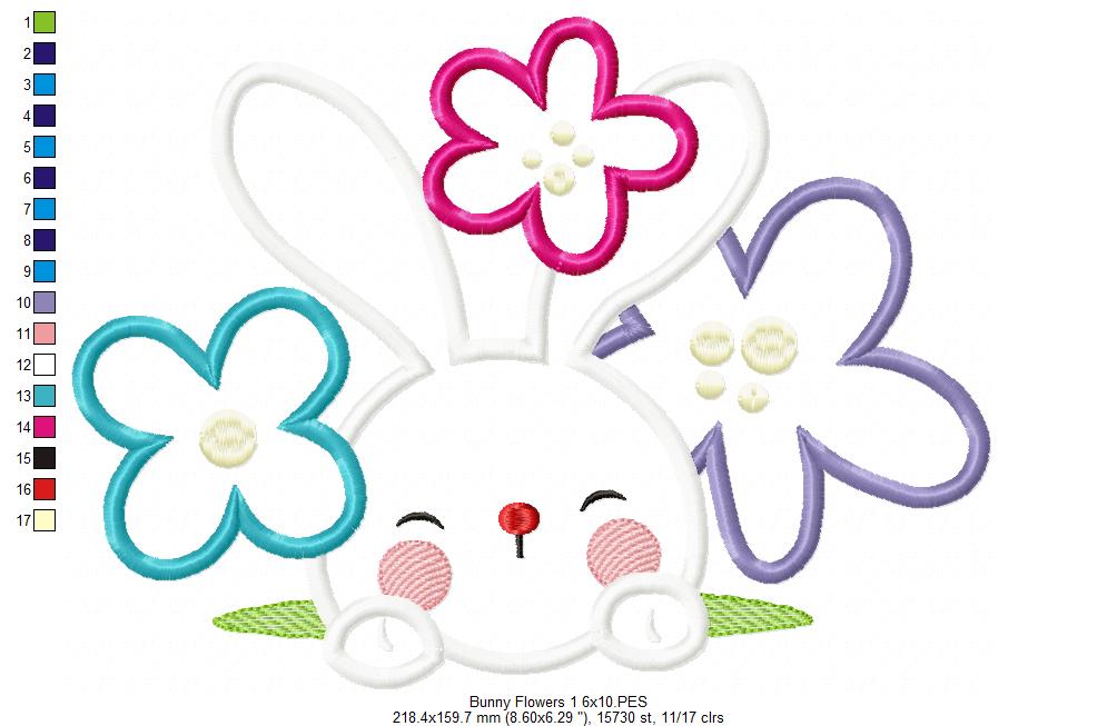 Cute bunny and Flowers - Applique - Machine Embroidery Design