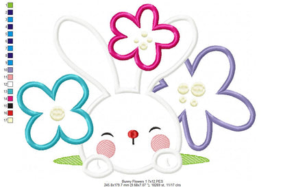 Cute bunny and Flowers - Applique - Machine Embroidery Design