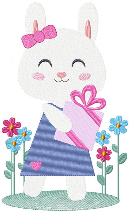 Bunny Girl Holding a Gift - Fill Stitch