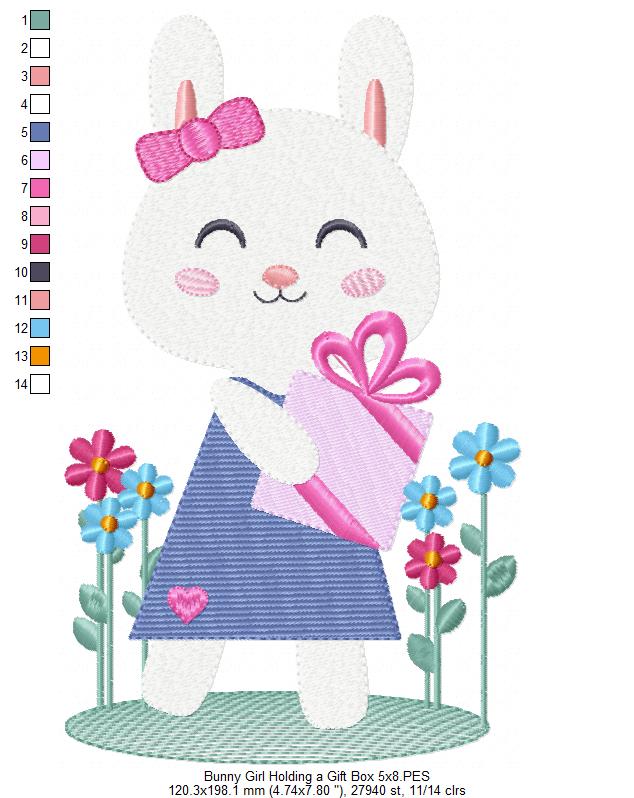 Bunny Girl Holding a Gift - Fill Stitch