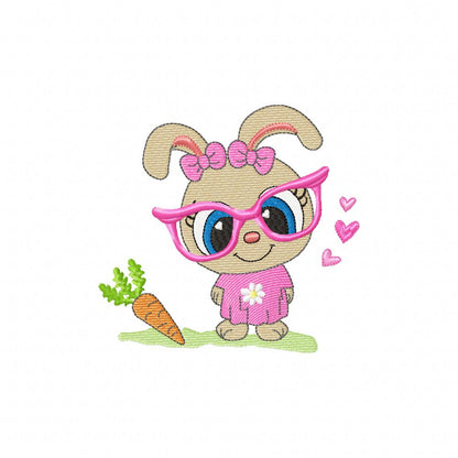 Cute Bunny Girl with Glasses and Carrot - Fill Stitch - Machine Embroidery Design