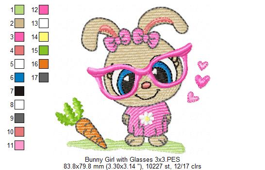 Cute Bunny Girl with Glasses and Carrot - Fill Stitch - Machine Embroidery Design