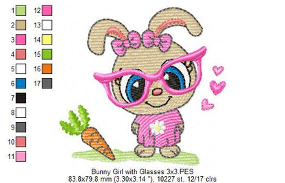 Cute Bunny Girl with Glasses and Carrot - Fill Stitch - Machine Embroidery Design