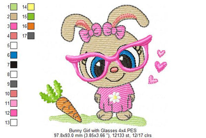 Cute Bunny Girl with Glasses and Carrot - Fill Stitch - Machine Embroidery Design