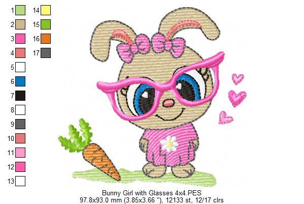 Cute Bunny Girl with Glasses and Carrot - Fill Stitch - Machine Embroidery Design