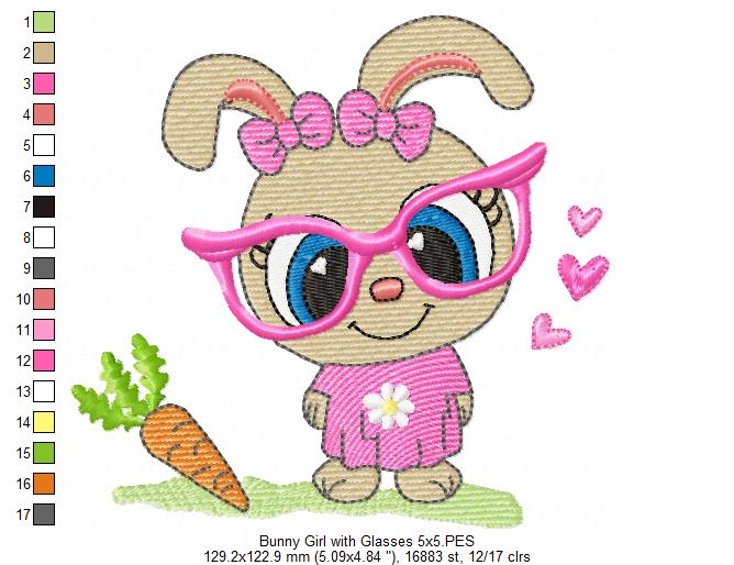 Cute Bunny Girl with Glasses and Carrot - Fill Stitch - Machine Embroidery Design