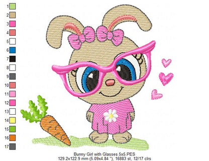 Cute Bunny Girl with Glasses and Carrot - Fill Stitch - Machine Embroidery Design