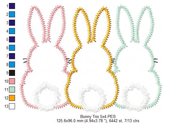 Bunnies Back Trio - Zig Zag Applique - Machine Embroidery Design