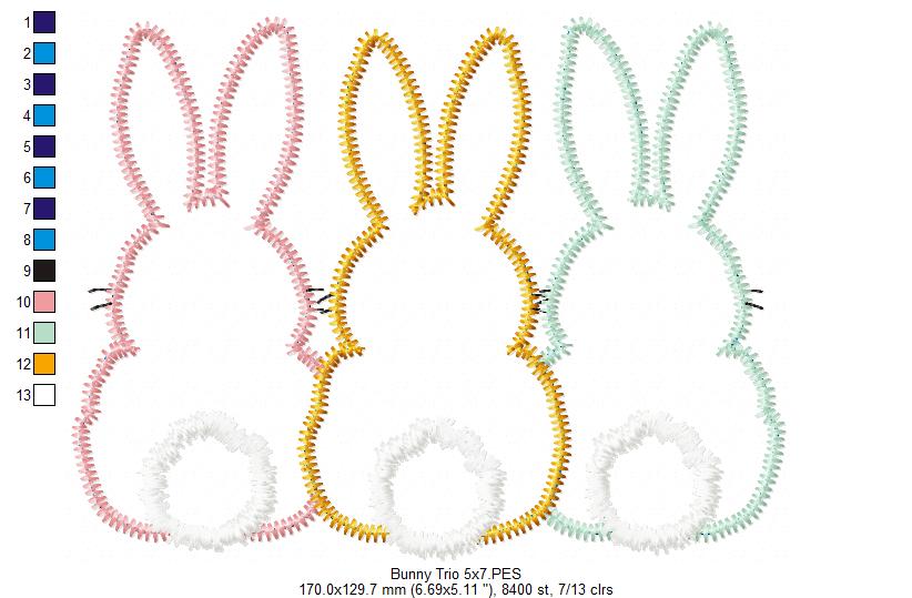 Bunnies Back Trio - Zig Zag Applique - Machine Embroidery Design