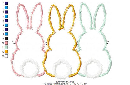 Bunnies Back Trio - Zig Zag Applique - Machine Embroidery Design