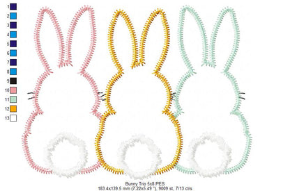 Bunnies Back Trio - Zig Zag Applique - Machine Embroidery Design