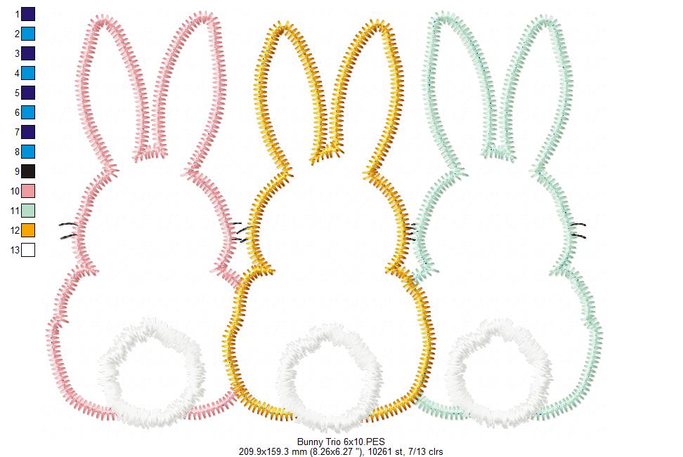 Bunnies Back Trio - Zig Zag Applique - Machine Embroidery Design