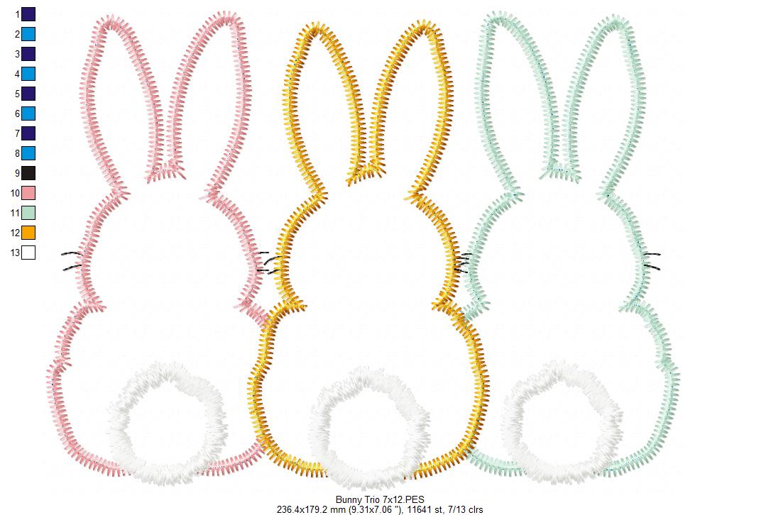 Bunnies Back Trio - Zig Zag Applique - Machine Embroidery Design