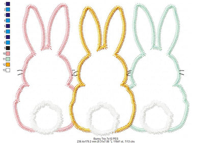 Bunnies Back Trio - Zig Zag Applique - Machine Embroidery Design