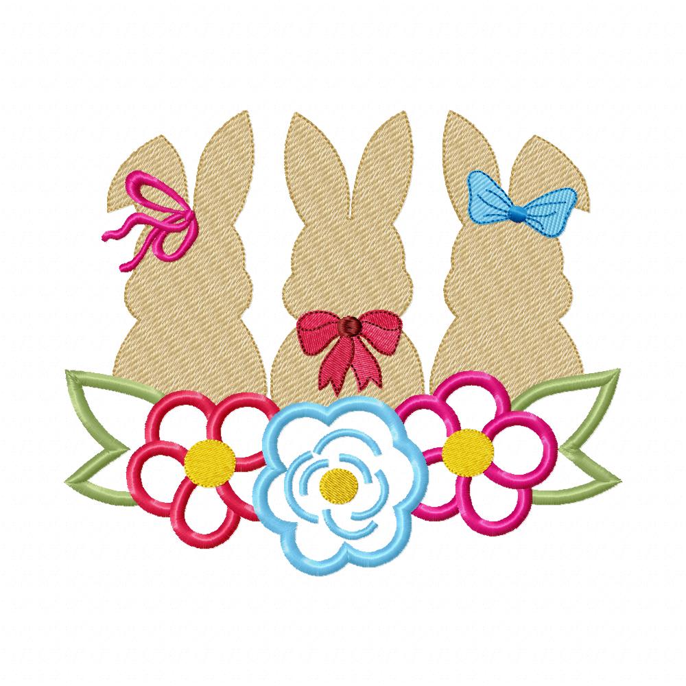 Bunnies Trio and Flowers - Applique - Machine Embroidery Design