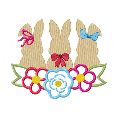 Bunnies Trio and Flowers - Applique - Machine Embroidery Design