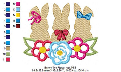 Bunnies Trio and Flowers - Applique - Machine Embroidery Design