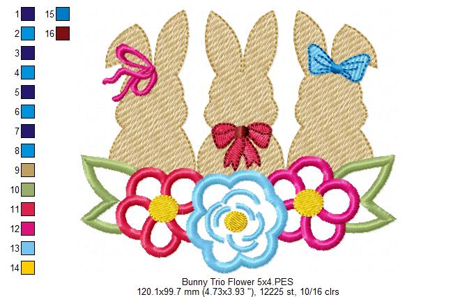 Bunnies Trio and Flowers - Applique - Machine Embroidery Design