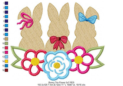 Bunnies Trio and Flowers - Applique - Machine Embroidery Design