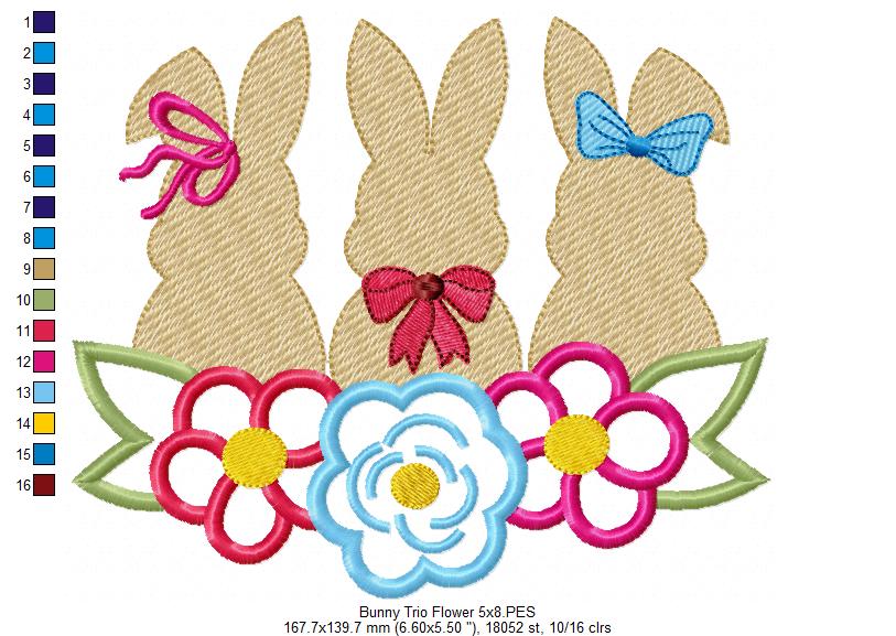 Bunnies Trio and Flowers - Applique - Machine Embroidery Design