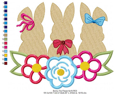 Bunnies Trio and Flowers - Applique - Machine Embroidery Design