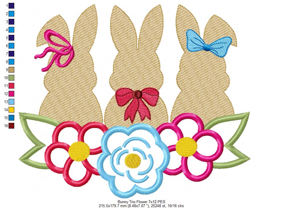 Bunnies Trio and Flowers - Applique - Machine Embroidery Design