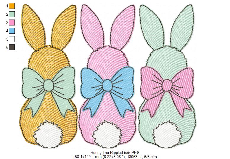 Easter Bunnies Back Trio - Rippled Stitch - Machine Embroidery Design